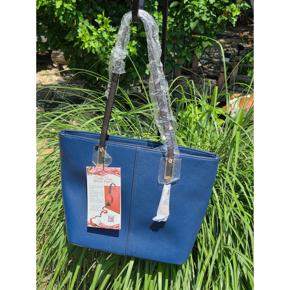 PortoVino Wine Purse Navy Blue Vegan Leather Tote with Hidden 1.5L Beverage Bag